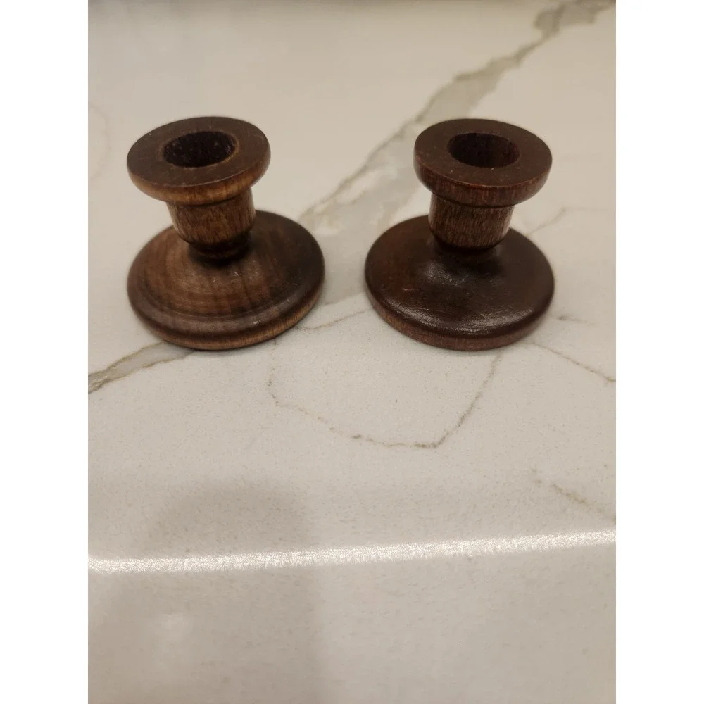 Vintage Wood Mini Taper Pair Of Candlestick Holders Turned Wood 1.5